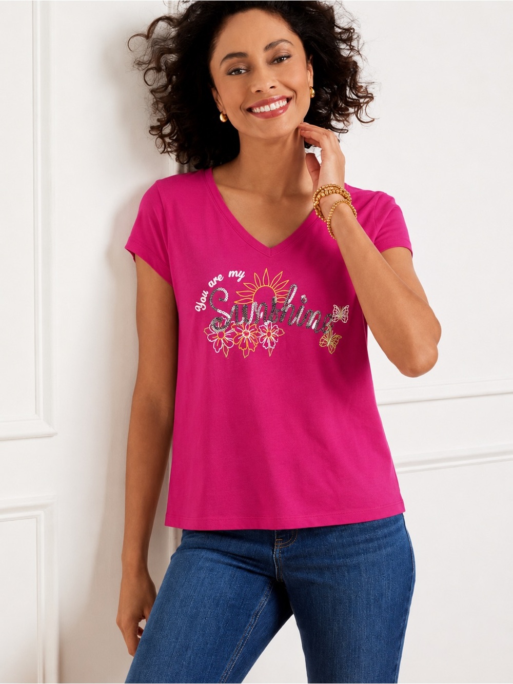 Y2K Fashion Bug Women Pink V-Neck T-Shirt You Are My Sunshine Sequin Cotton XL